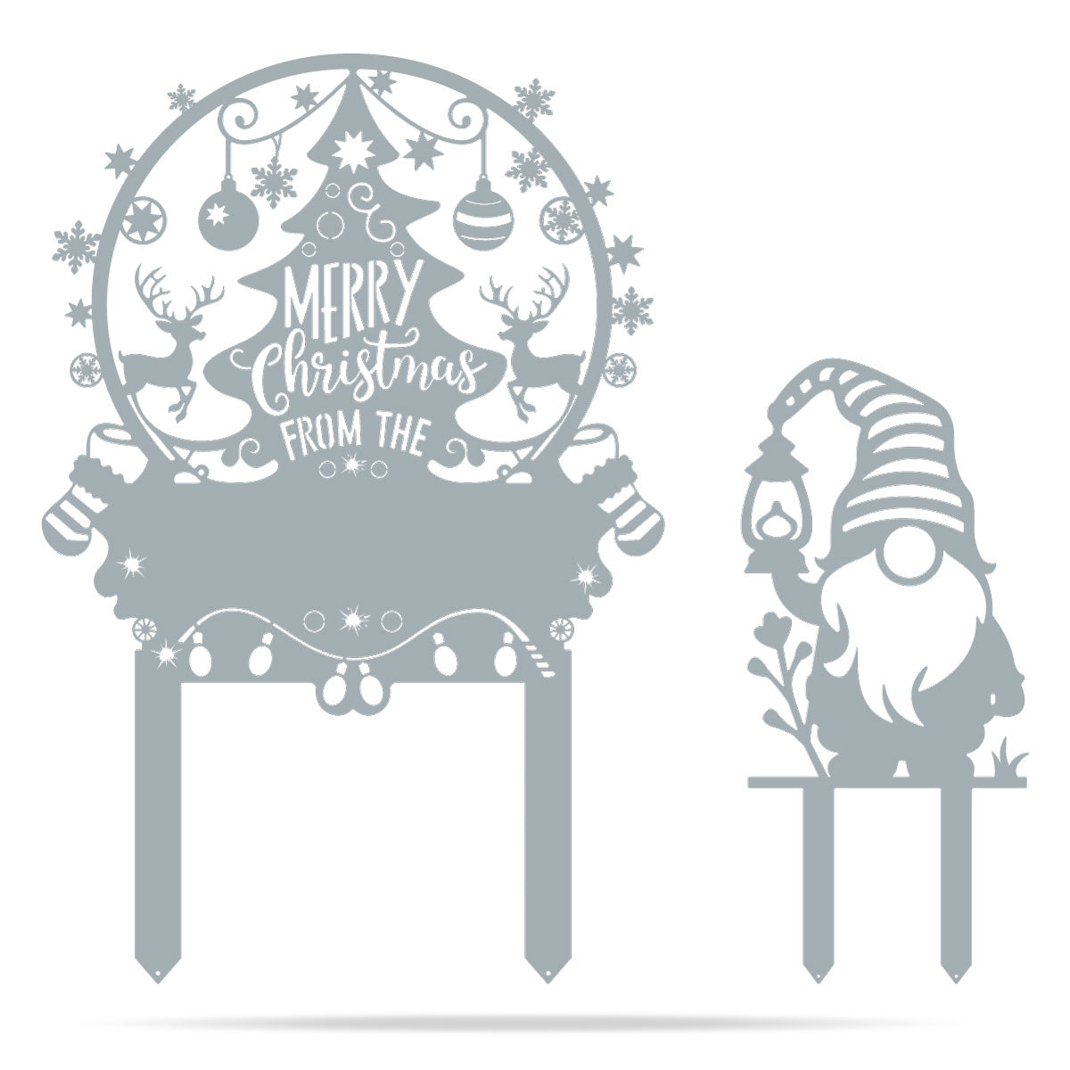 Personalized Merry Christmas Tree & Gnome Metal Garden Stakes Textured Silver - RealSteel Center