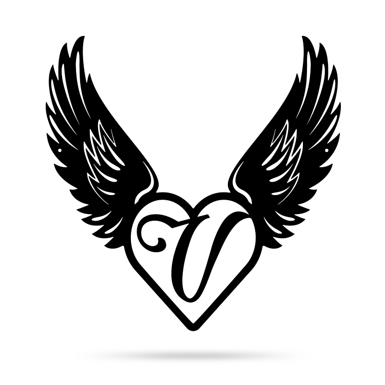Heart with Angel Wings Monogram 14" X 14" / Black / V - RealSteel Center