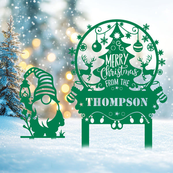 Personalized Merry Christmas Tree & Gnome Metal Garden Stakes - RealSteel Center