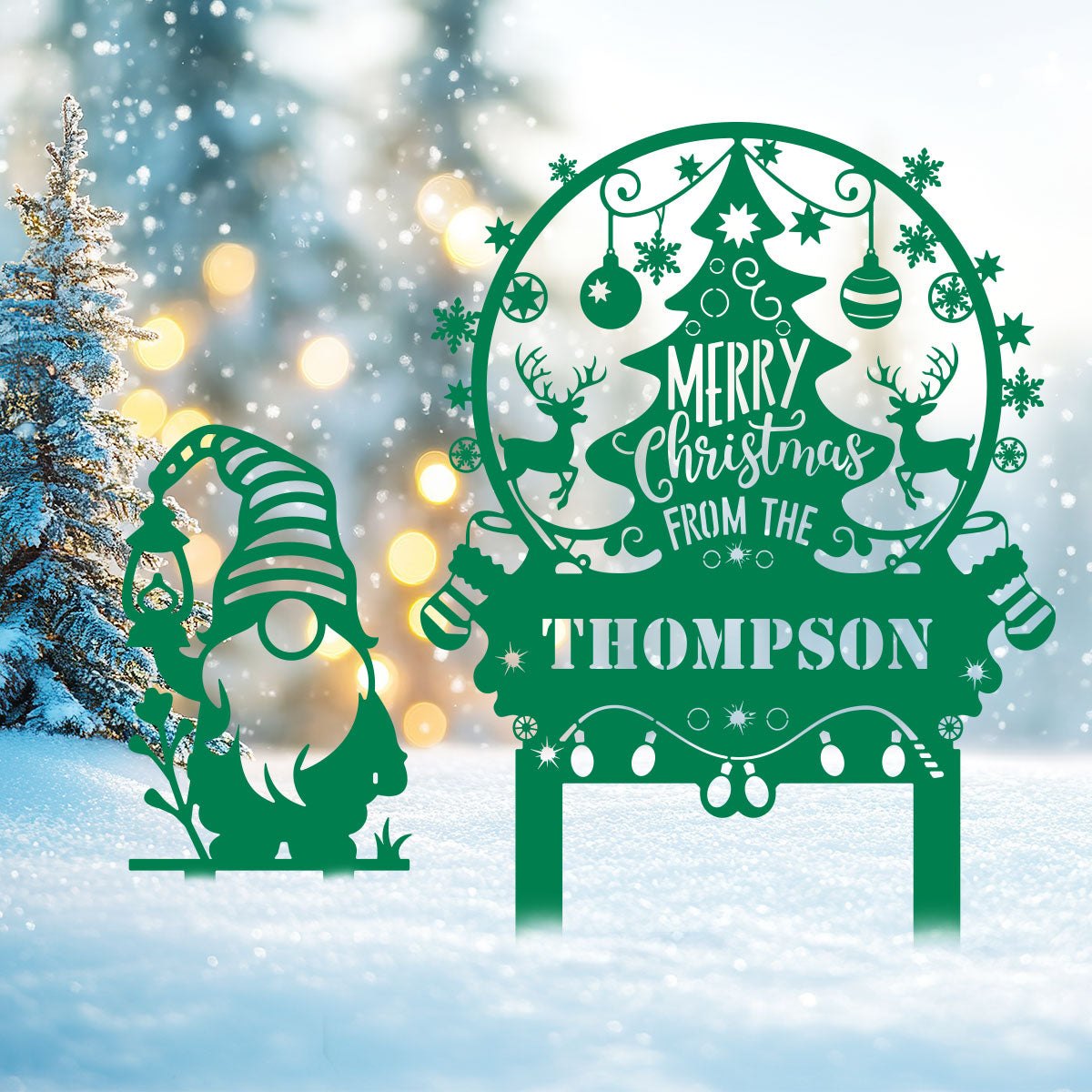 Personalized Merry Christmas Tree & Gnome Metal Garden Stakes