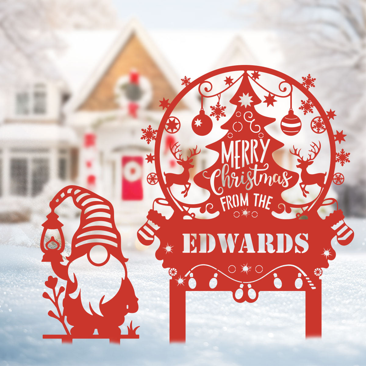 Personalized Merry Christmas Tree & Gnome Metal Garden Stakes