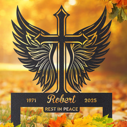 Memorial Cross with Wings Grave Marker - RealSteel Center