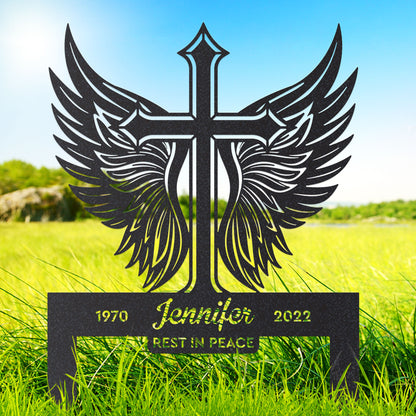 Memorial Cross with Wings Grave Marker - RealSteel Center