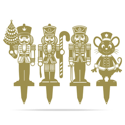 Nutcracker Christmas Garden Stakes | Holiday Outdoor Yard Art Set Gold - RealSteel Center
