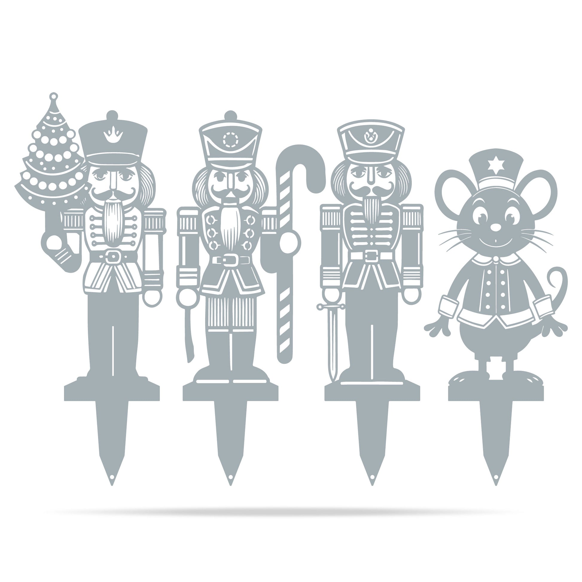 Nutcracker Christmas Garden Stakes | Holiday Outdoor Yard Art Set Textured Silver - RealSteel Center