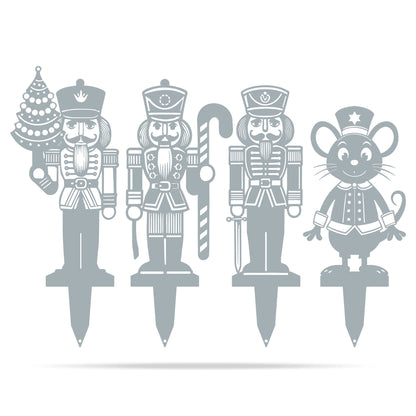 Nutcracker Christmas Garden Stakes | Holiday Outdoor Yard Art Set Textured Silver - RealSteel Center