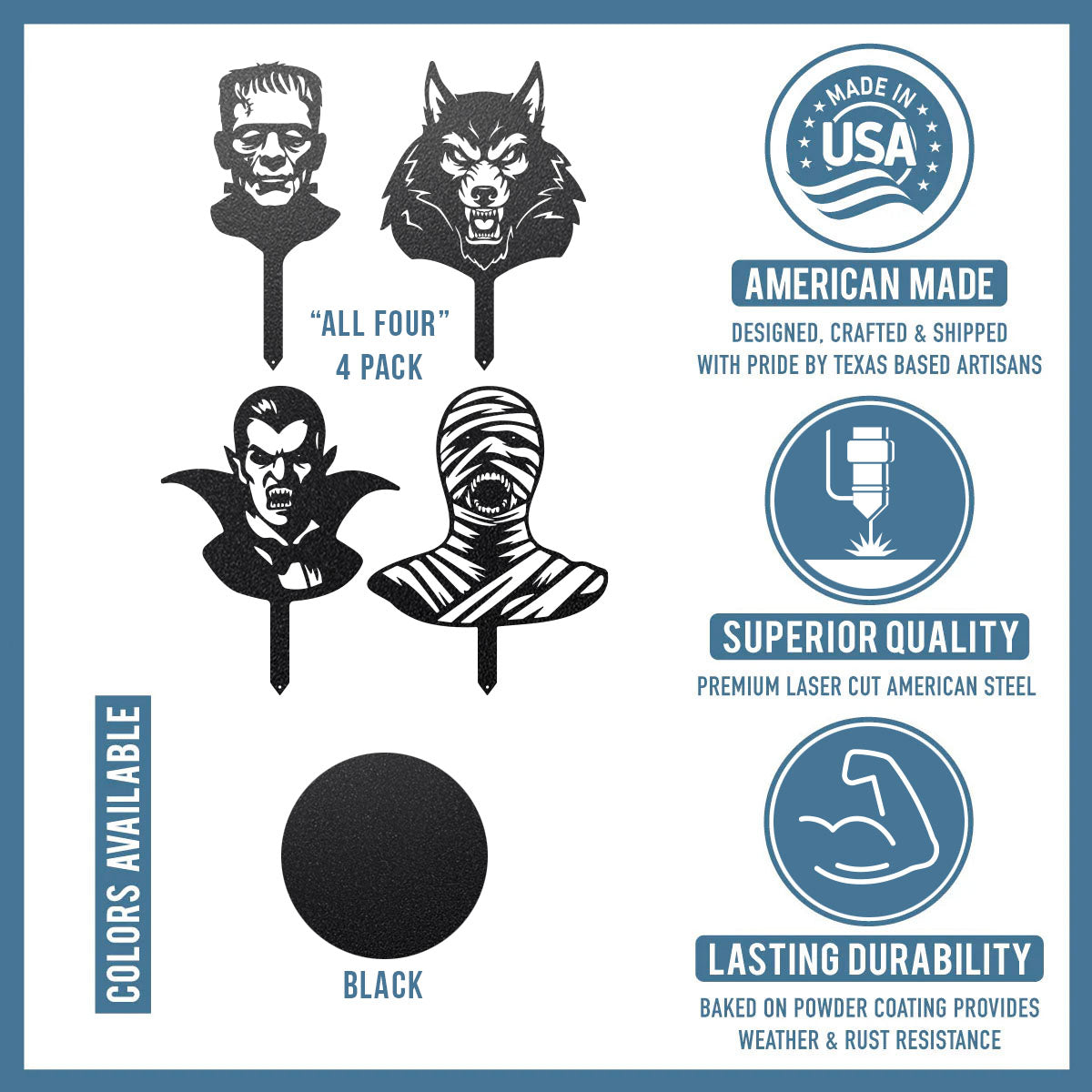 Halloween Monster 4-Pack Garden Stakes | Dracula, Frankenstein, Wolfman, & Mummy - RealSteel Center