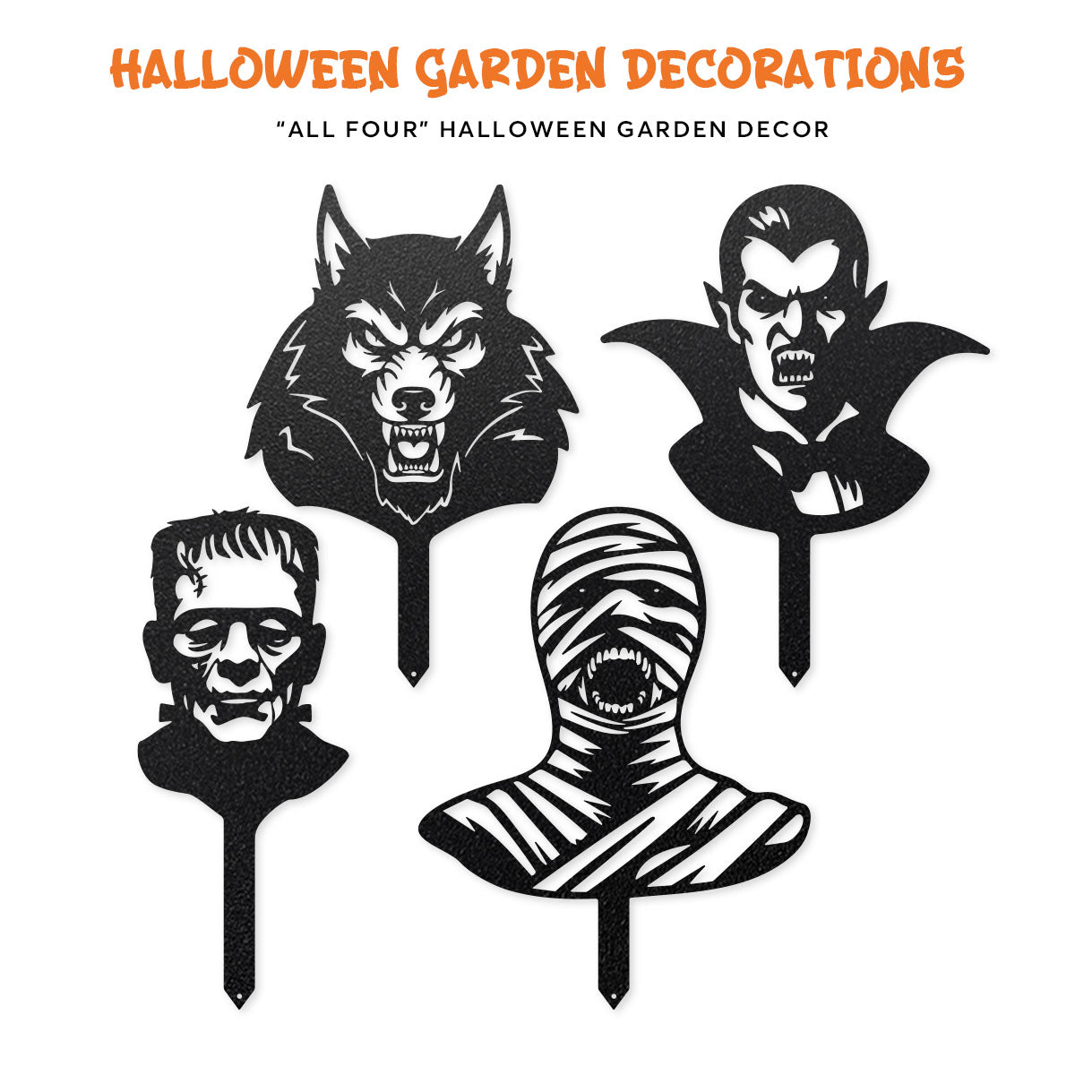 Halloween Monster 4-Pack Garden Stakes | Dracula, Frankenstein, Wolfman, & Mummy Full Set - ASSORTED / Black - RealSteel Center