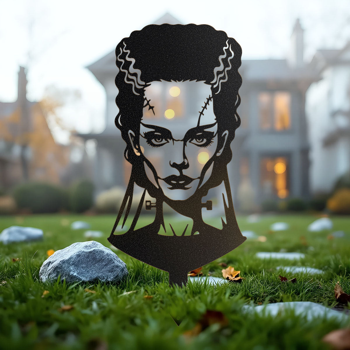 Garden Art - Bride and Frankenstein Stake Set Individual Frankenstein-7.5" x 18" / Black - RealSteel Center