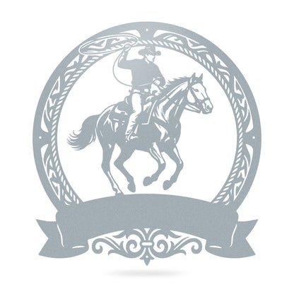 Cowboy Roping Horse Metal Monogram – Western Steel Decor 17" x 18" / Textured Silver - RealSteel Center