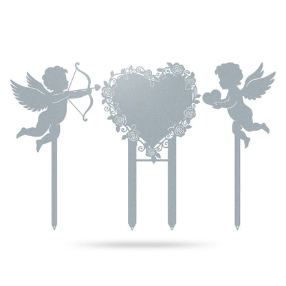 Cupids Heart Monogram Stake Set of 3 23x24 / Textured Silver - RealSteel Center