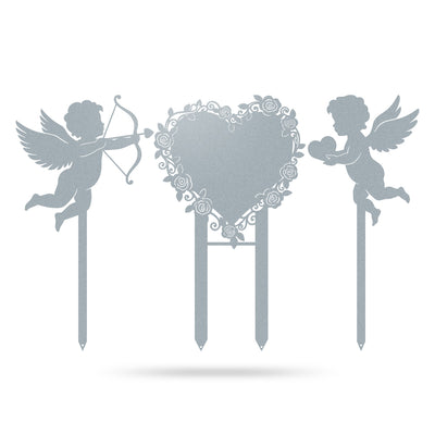 Cupids Heart Monogram Stake Set of 3 23x24 / Textured Silver - RealSteel Center