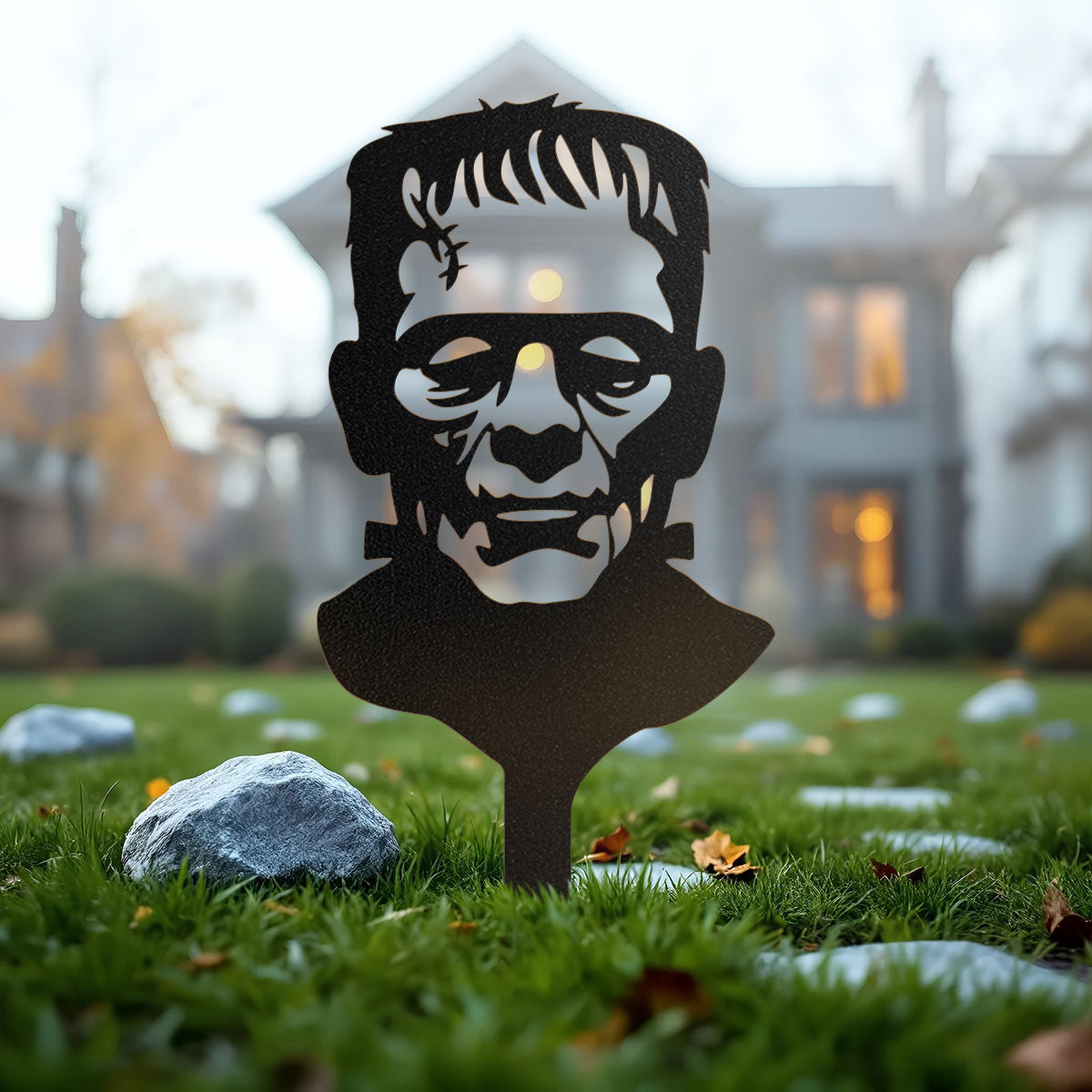 Halloween Monster 4-Pack Garden Stakes | Dracula, Frankenstein, Wolfman, & Mummy Individual Frankenstein - 7.5" x 18" / Black - RealSteel Center