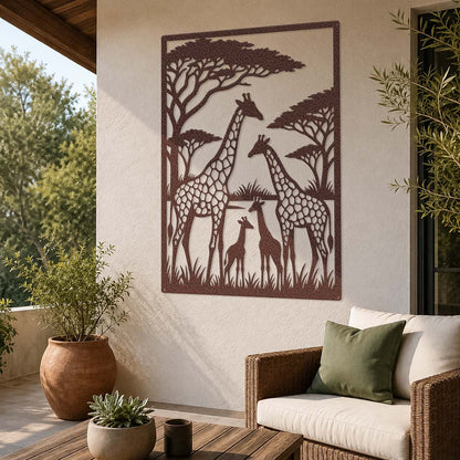 Giraffe Family on the Savanna Metal Wall Art