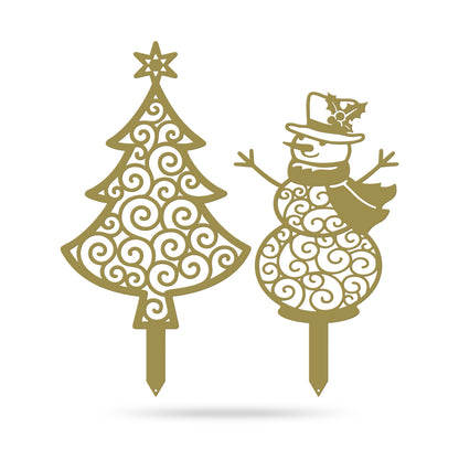 Happy Snowman Christmas Tree Garden Stake Set ASSORTED / Gold - RealSteel Center
