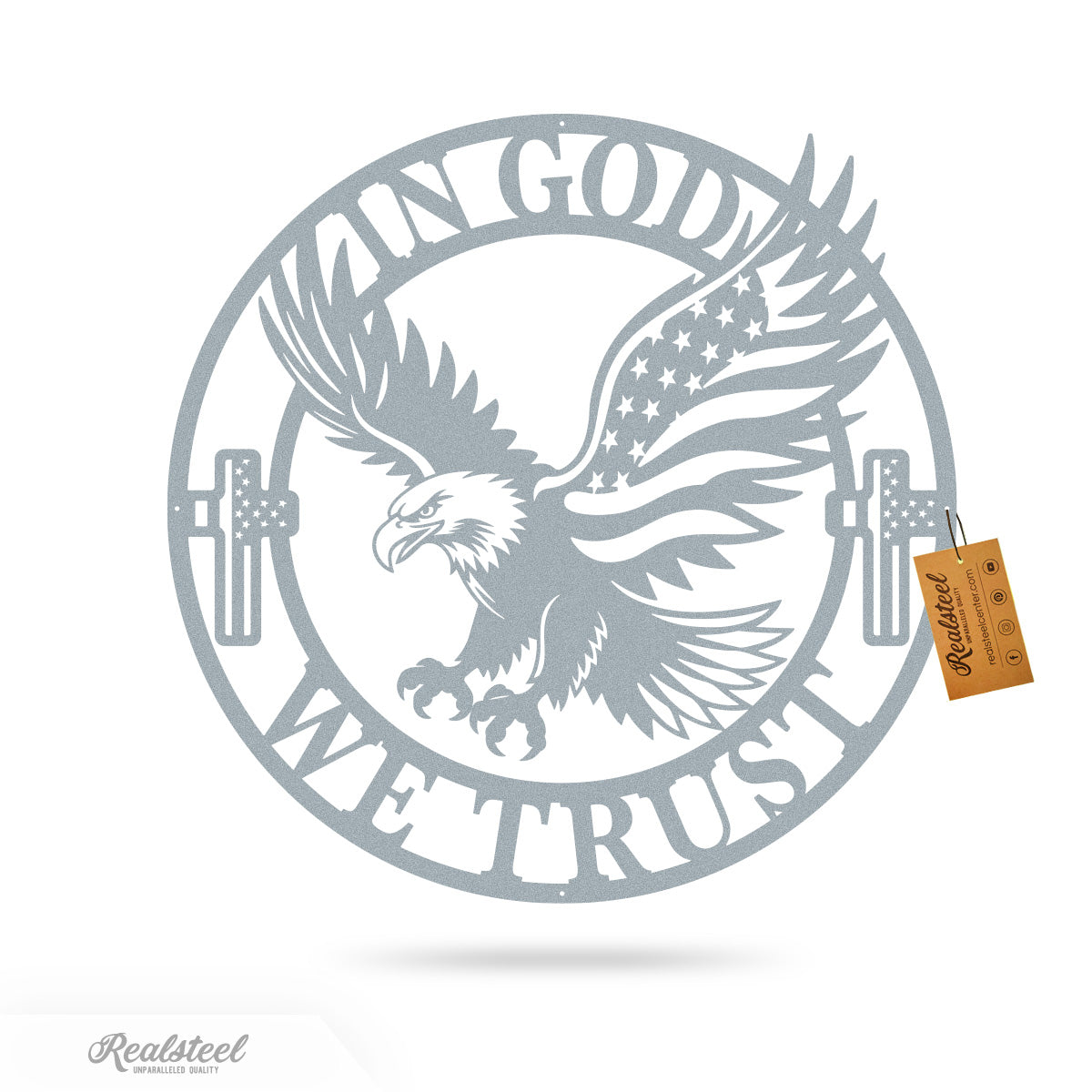 In God We Trust American Flag Eagle Metal Sign 18" / Textured Silver - RealSteel Center