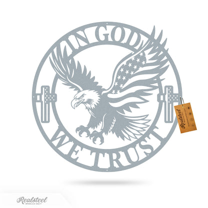 In God We Trust American Flag Eagle Metal Sign 18" / Textured Silver - RealSteel Center
