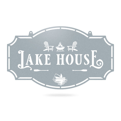 Lake House Monogram - Custom Cabin & Lake House Decor Fishing / 14" × 24" / Textured Silver - RealSteel Center