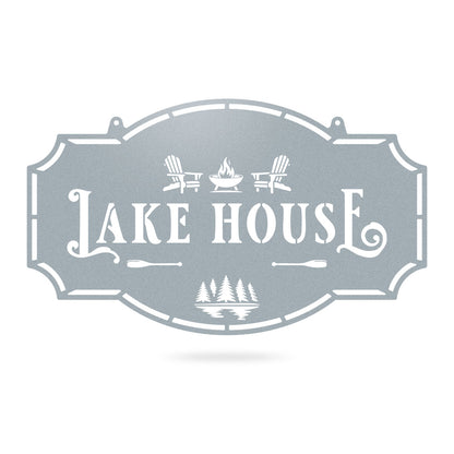 Lake House Monogram - Custom Cabin & Lake House Decor Forest and Lake / 14" × 24" / Textured Silver - RealSteel Center