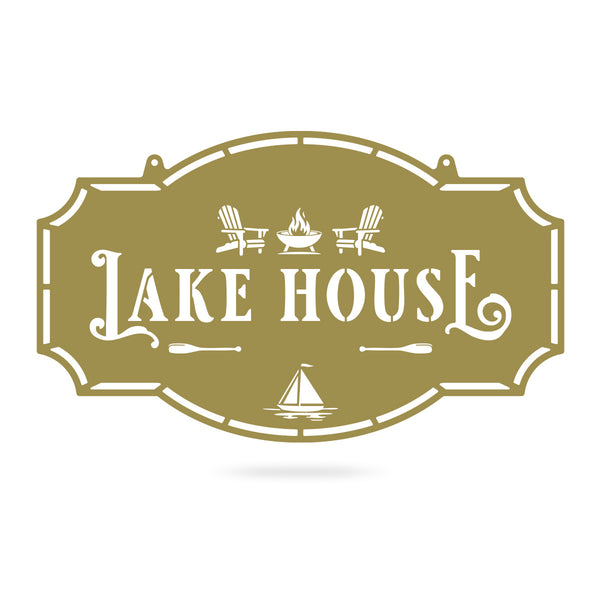 Lake House Monogram - Custom Cabin & Lake House Decor Sailboat / 14" × 24" / Gold - RealSteel Center