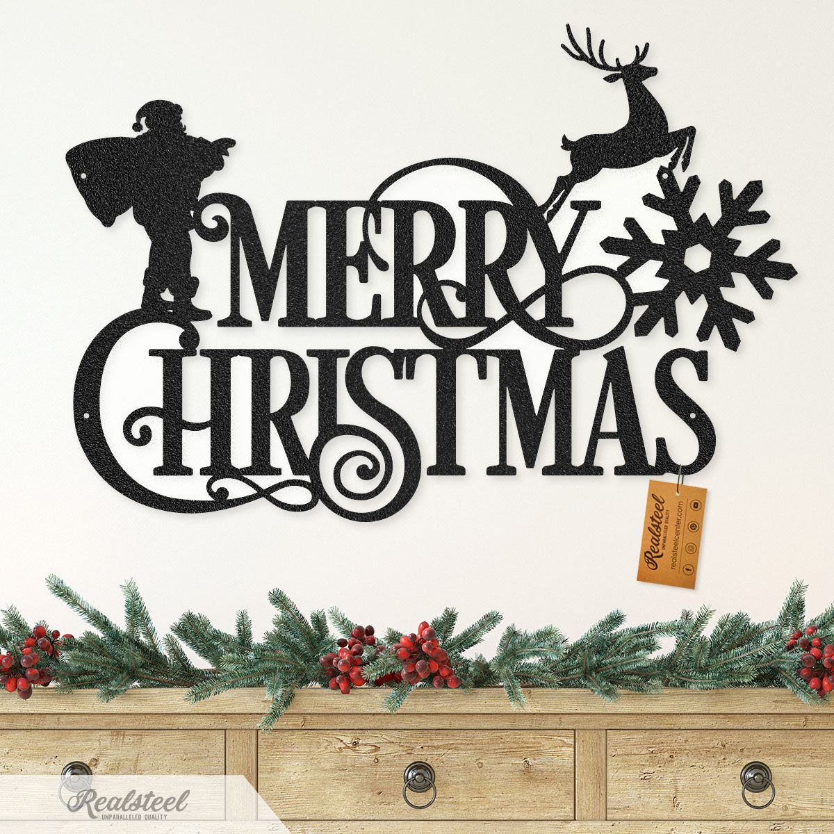 Merry Christmas Santa and Reindeer Steel Sign Type 1 / 14" / Black - RealSteel Center