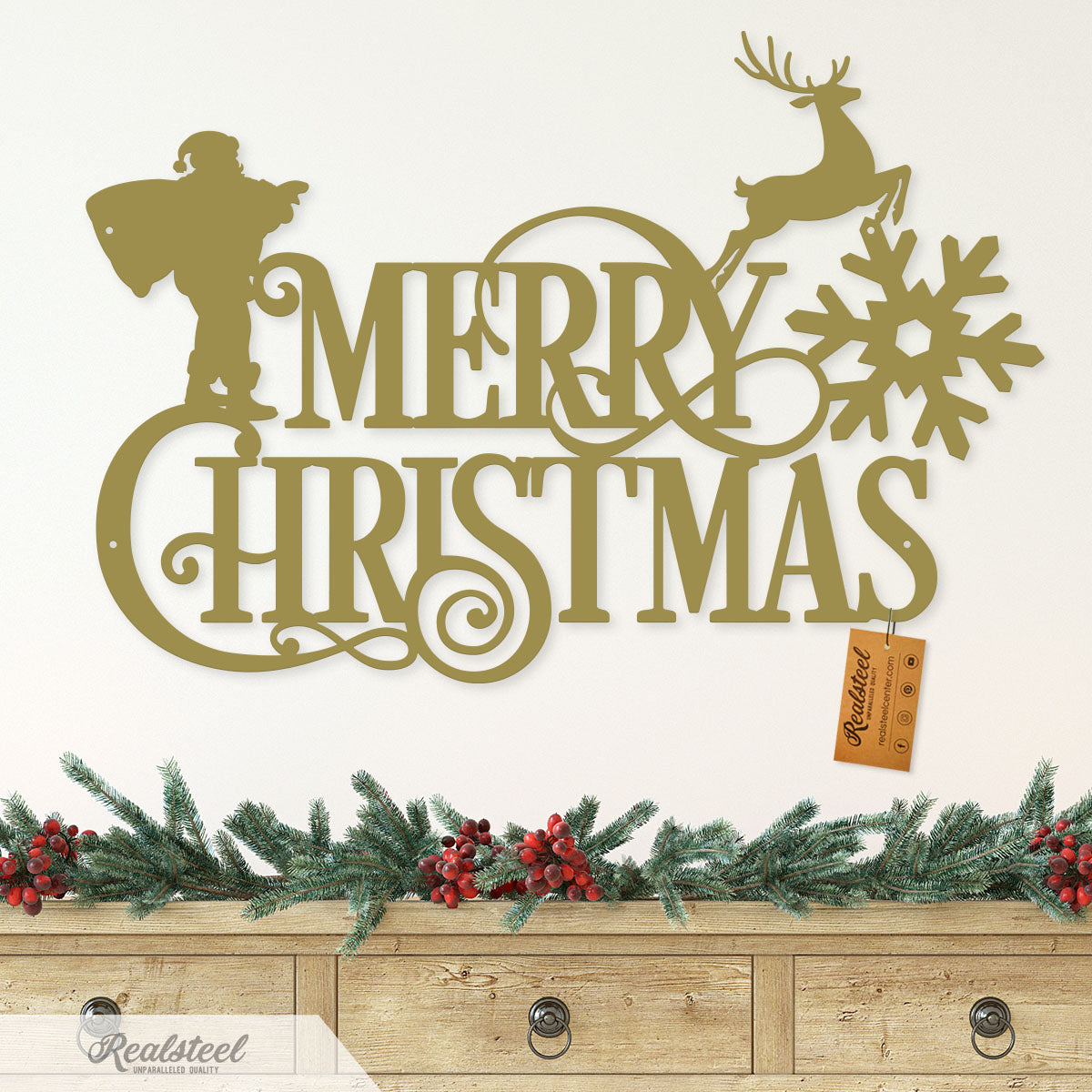 Merry Christmas Santa and Reindeer Steel Sign Type 1 / 14" / Red - RealSteel Center