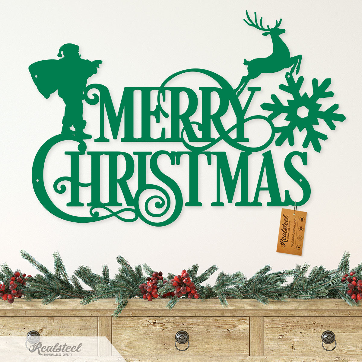 Merry Christmas Santa and Reindeer Steel Sign Type 1 / 14" / Green - RealSteel Center