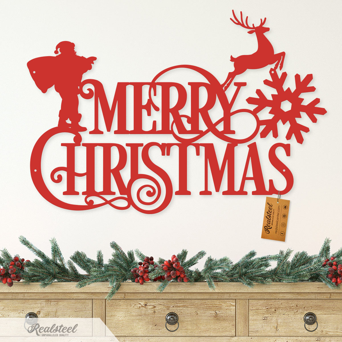 Merry Christmas Santa and Reindeer Steel Sign Type 1 / 14" / Red - RealSteel Center
