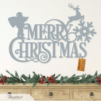 Merry Christmas Santa and Reindeer Steel Sign Type 1 / 14" / Textured Silver - RealSteel Center