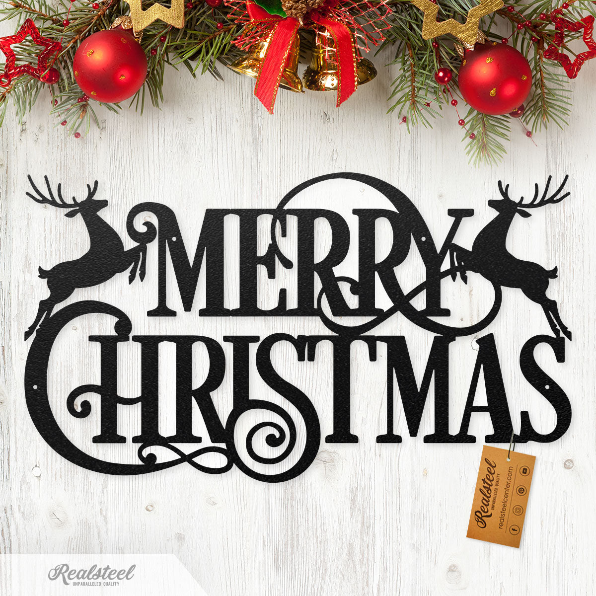 Merry Christmas Santa and Reindeer Steel Sign Type 2 / 14" / Black - RealSteel Center