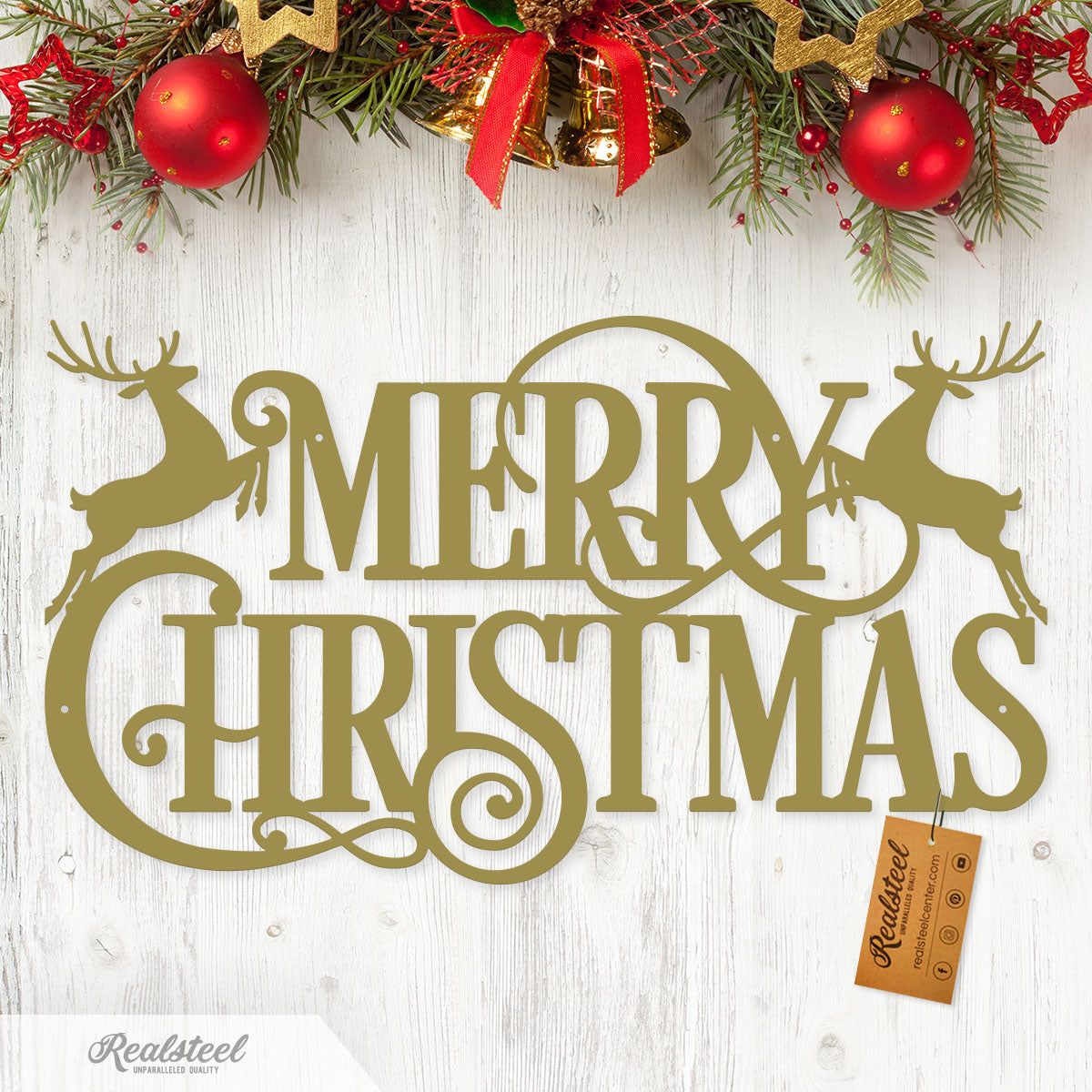 Merry Christmas Santa and Reindeer Steel Sign Type 2 / 14" / Gold - RealSteel Center