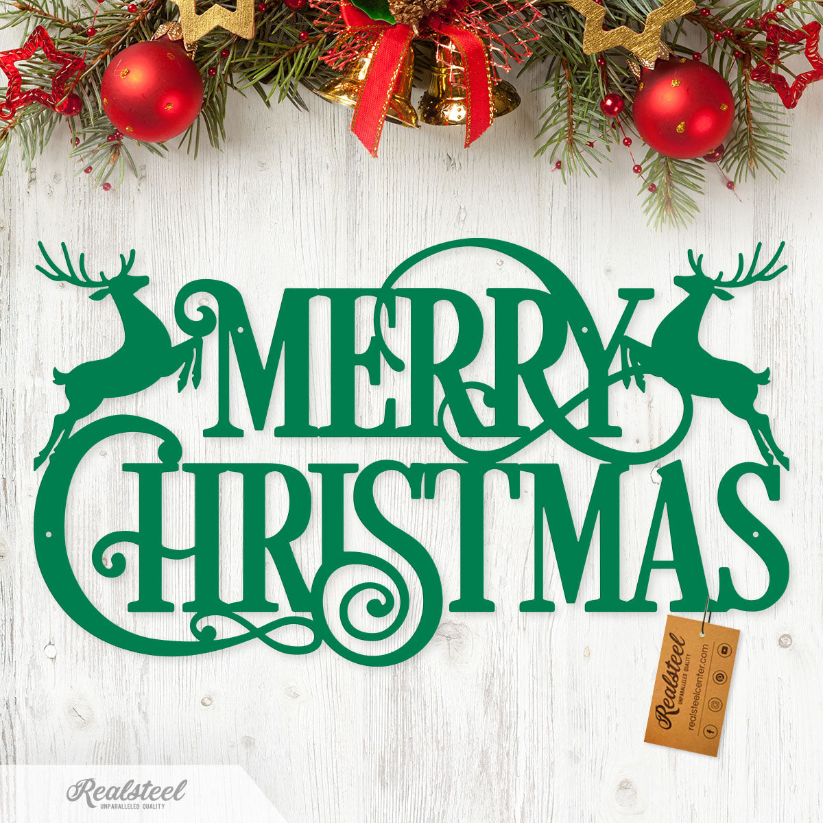 Merry Christmas Santa and Reindeer Steel Sign Type 2 / 14" / Green - RealSteel Center