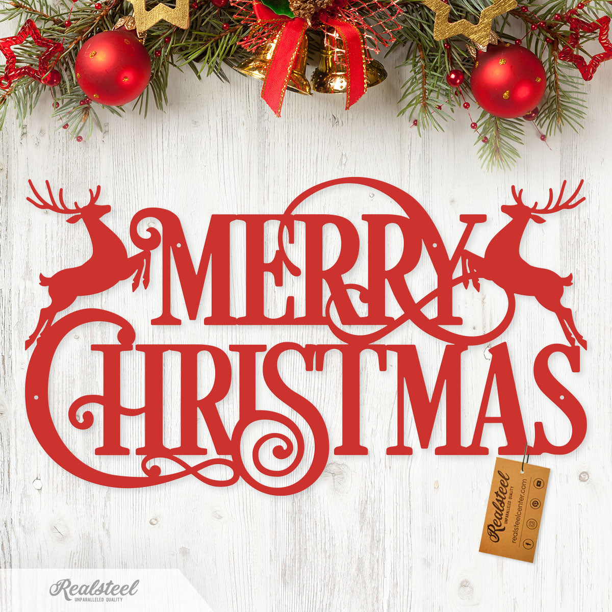 Merry Christmas Santa and Reindeer Steel Sign Type 2 / 14" / Red - RealSteel Center