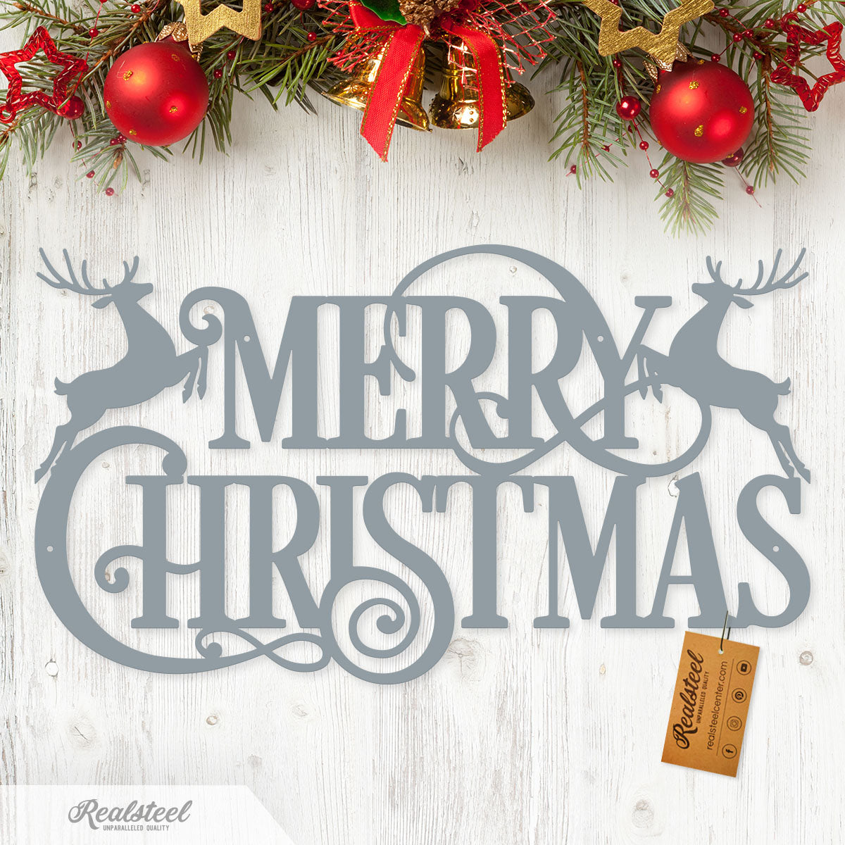 Merry Christmas Santa and Reindeer Steel Sign Type 2 / 14" / Textured Silver - RealSteel Center