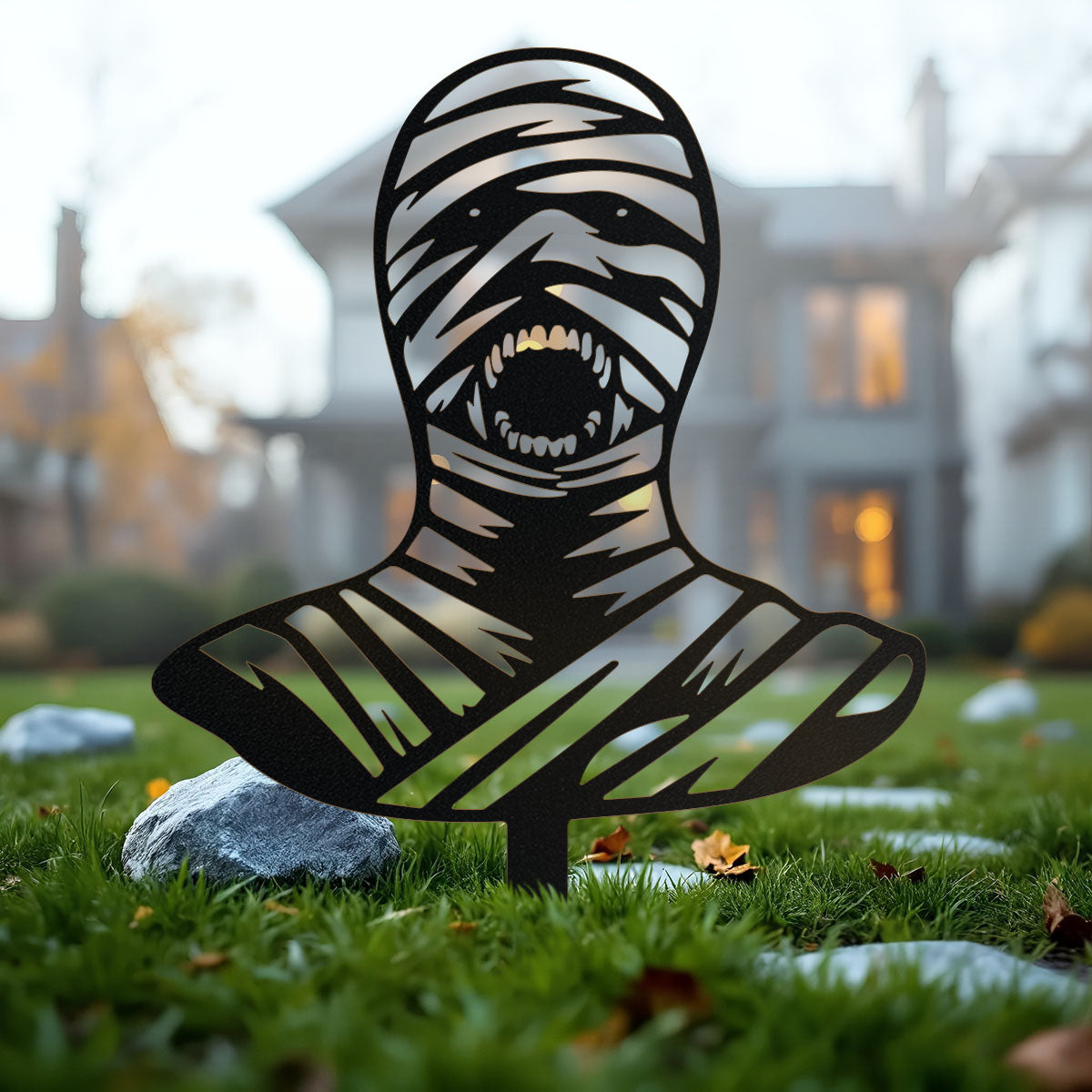 Halloween Monster 4-Pack Garden Stakes | Dracula, Frankenstein, Wolfman, & Mummy Individual Mummy - 14" x 18" / Black - RealSteel Center
