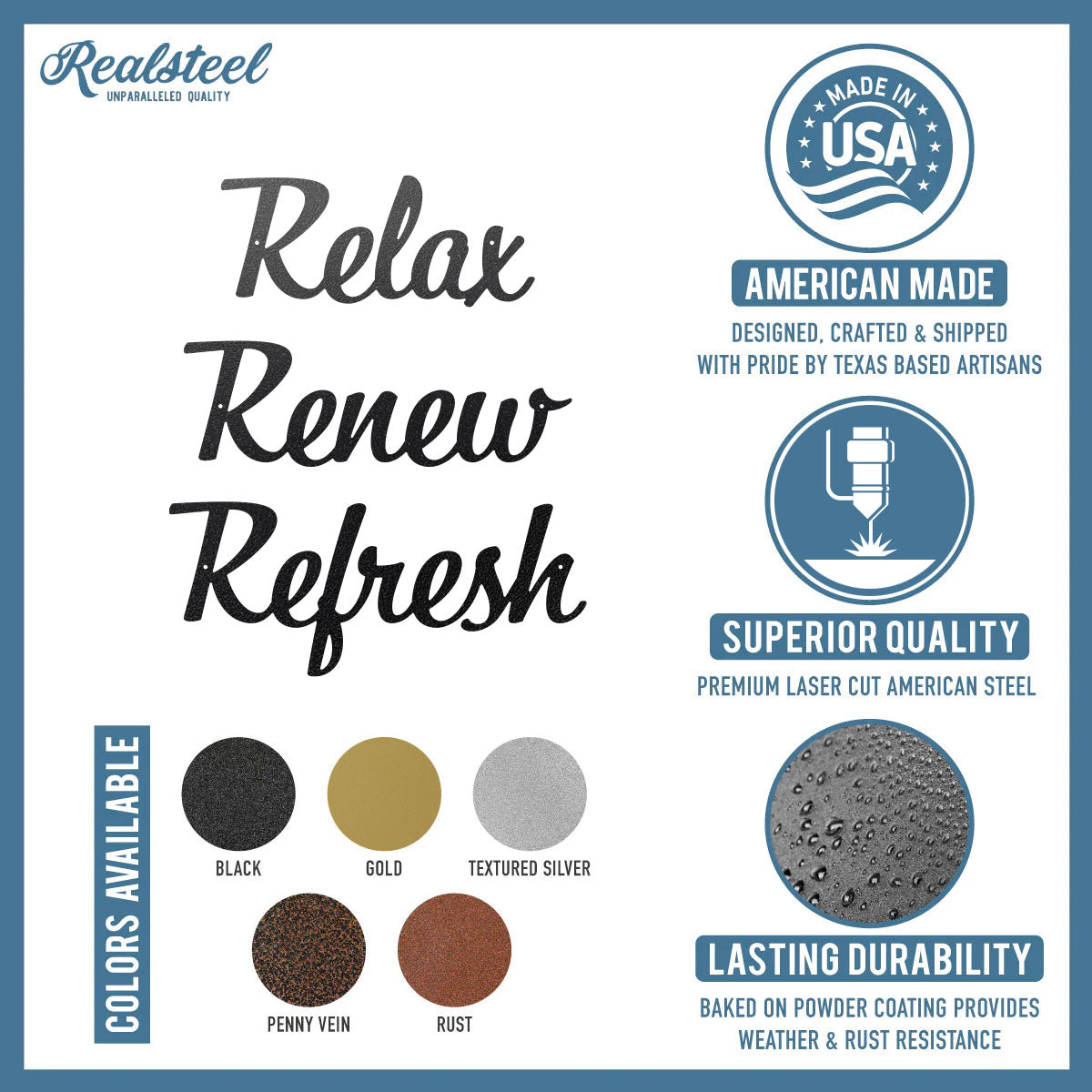 Relax Renew Refresh Metal Wall Art - Tranquil Bathroom Spa Décor - RealSteel Center
