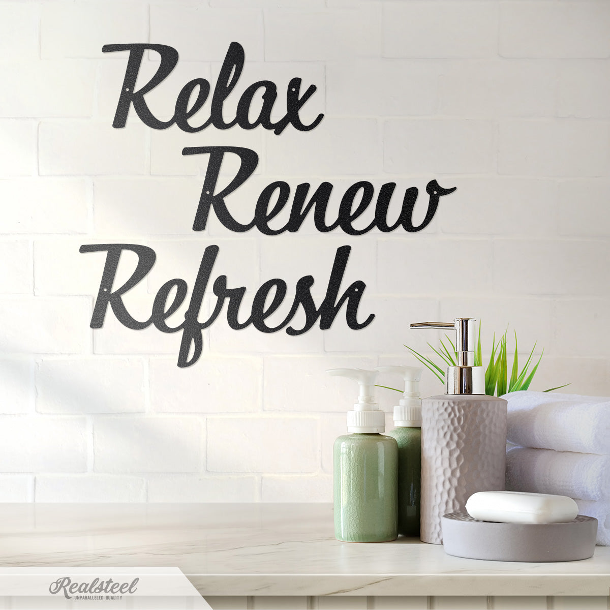 Relax Renew Refresh Metal Wall Art - Tranquil Bathroom Spa Décor - RealSteel Center