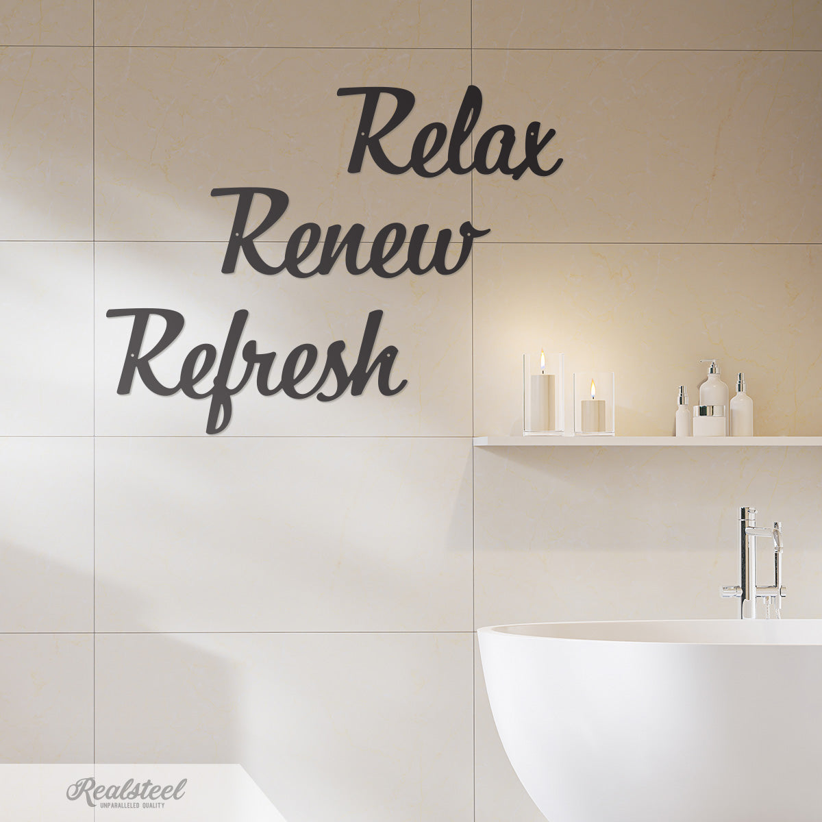 Relax Renew Refresh Metal Wall Art - Tranquil Bathroom Spa Décor - RealSteel Center