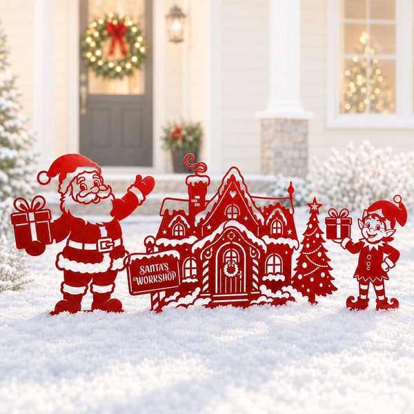 Garden Art - Santa's Workshop 3-Piece Metal Yard Stake Set | Christmas Outdoor Decor