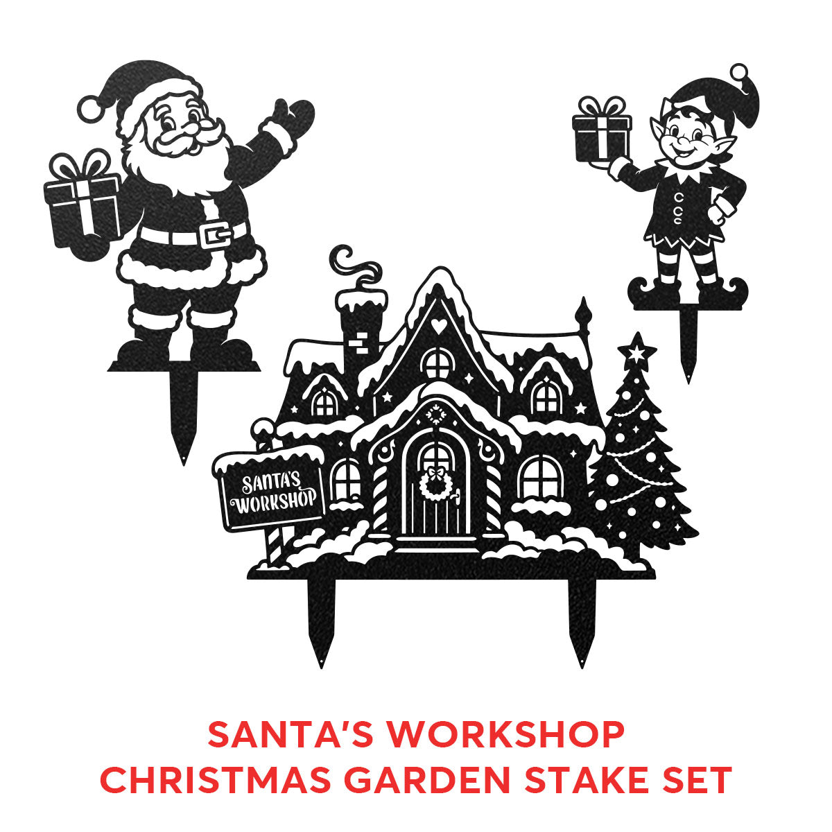 Garden Art - Santa's Workshop 3-Piece Metal Yard Stake Set | Christmas Outdoor Decor