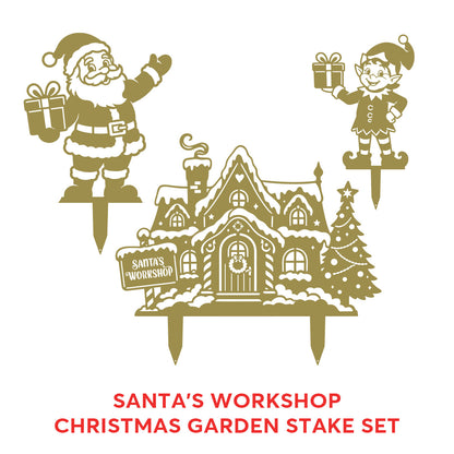 Garden Art - Santa's Workshop 3-Piece Metal Yard Stake Set | Christmas Outdoor Decor