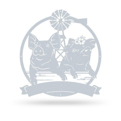 Happy Pigs Couple on a Farmland Monogram 14" x 15" / Textured Silver - RealSteel Center