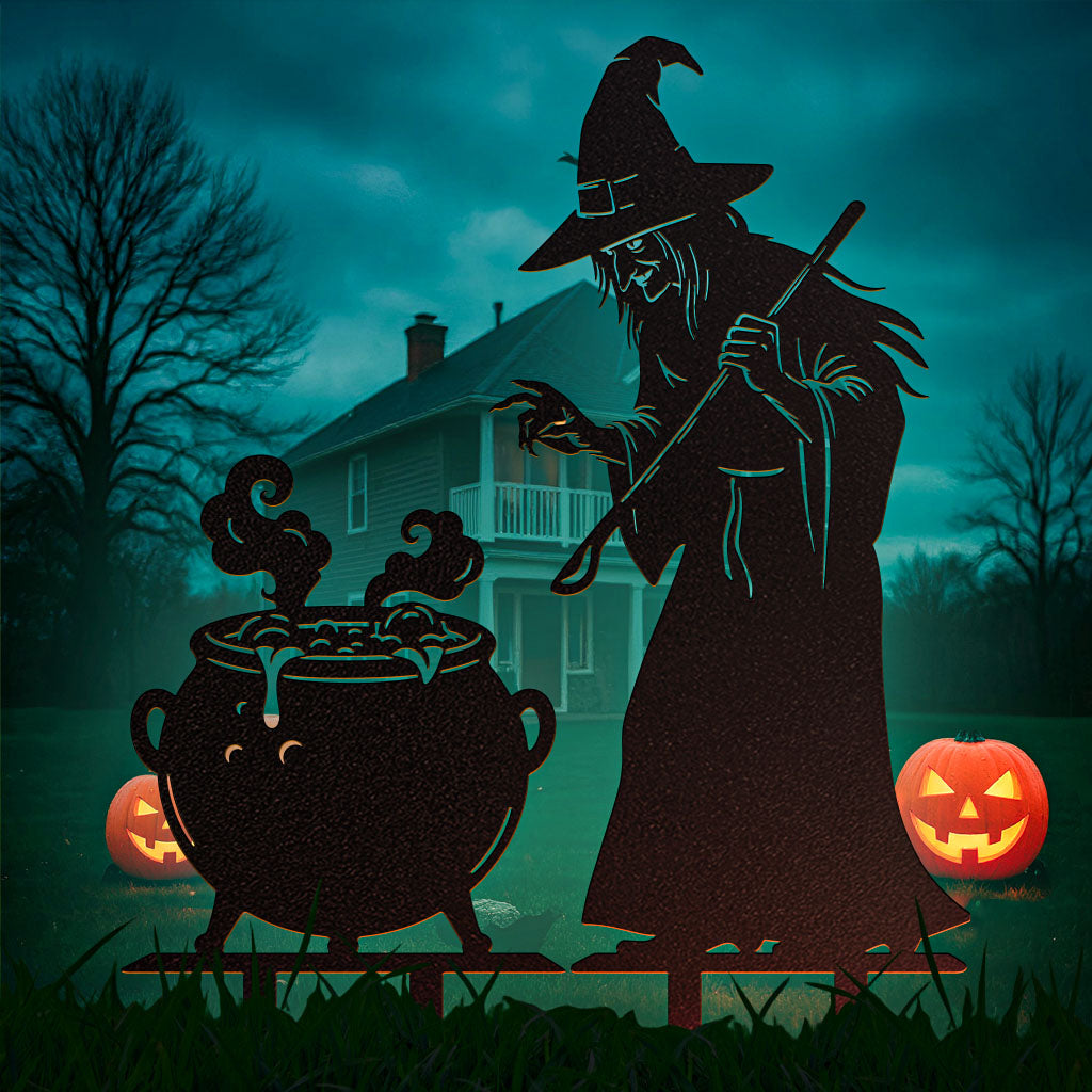 Witch and Cauldron Halloween Garden Stake Black - RealSteel Center