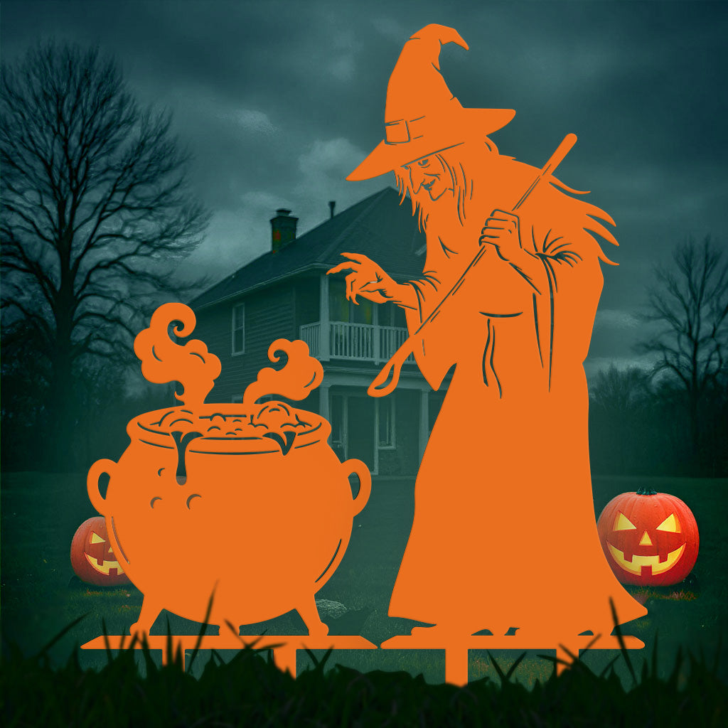 Witch and Cauldron Halloween Garden Stake Orange - RealSteel Center