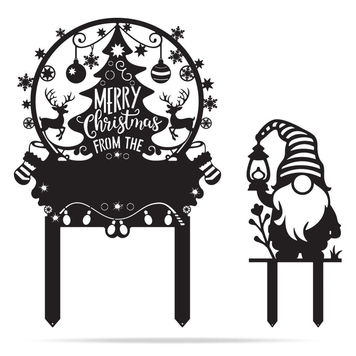 Personalized Merry Christmas Tree & Gnome Metal Garden Stakes Black - RealSteel Center
