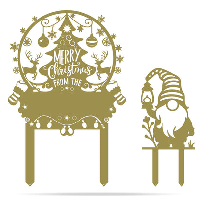 Personalized Merry Christmas Tree & Gnome Metal Garden Stakes Gold - RealSteel Center