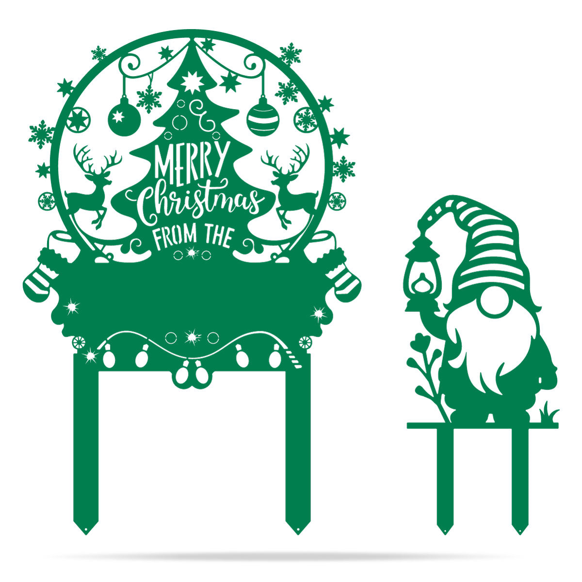 Personalized Merry Christmas Tree & Gnome Metal Garden Stakes Green - RealSteel Center