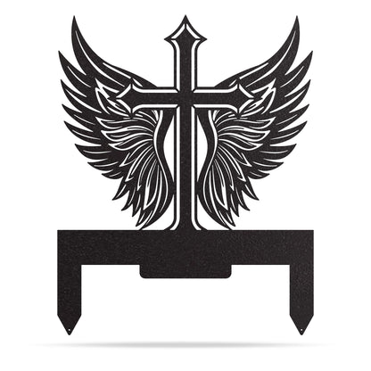 Memorial Cross with Wings Grave Marker Black - RealSteel Center