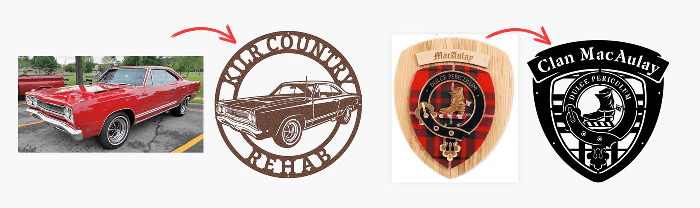 Red car with Clan MacAulay and other Scottish clan emblems displayed.