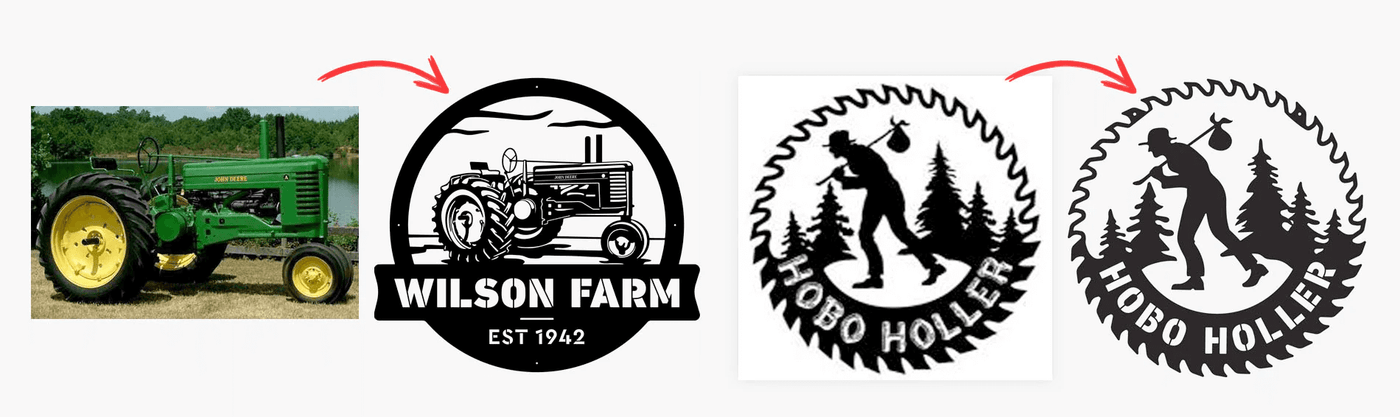 Two logos for Wilson Farm and Hobo Holley, with a tractor and saw blade design.
